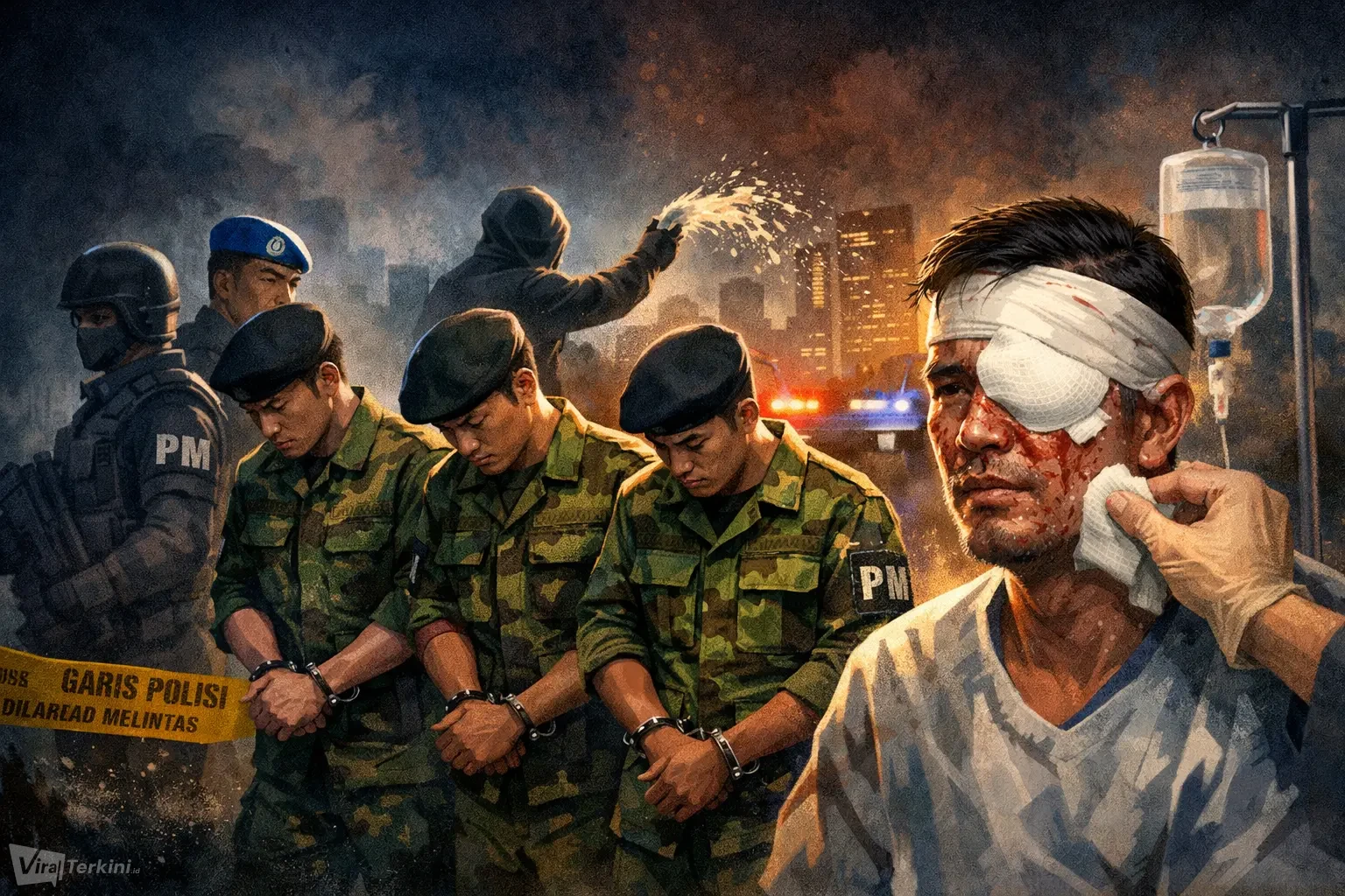 Ilustasi empat prajurit TNI diduga terlibat dalam kasus penyiraman air keras terhadap Wakil Koordinator KontraS, Andrie Yunus_Ilustrator Viralterkini.id