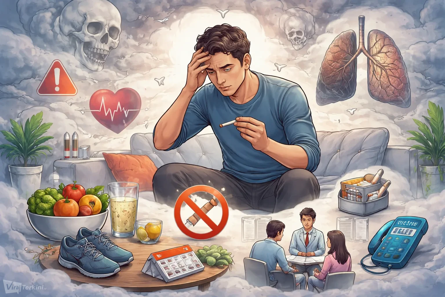 Kecanduan rokok masih menjadi salah satu persoalan kesehatan serius yang sulit diatasi_Ilustator Viralterkini