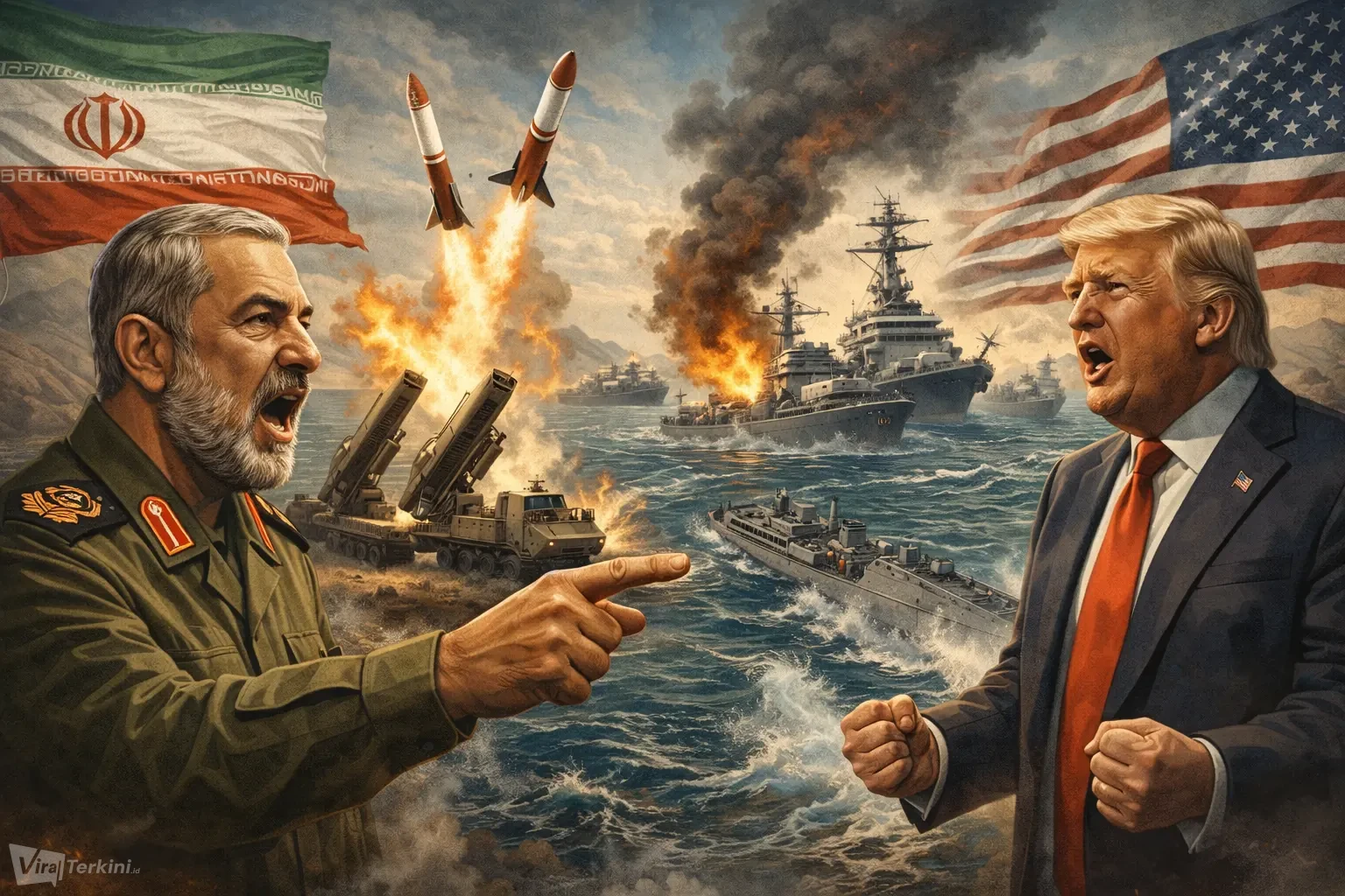 Iran Ancam Tenggelamkan Kapal Perang AS. Ilustrator Viralterkini.id