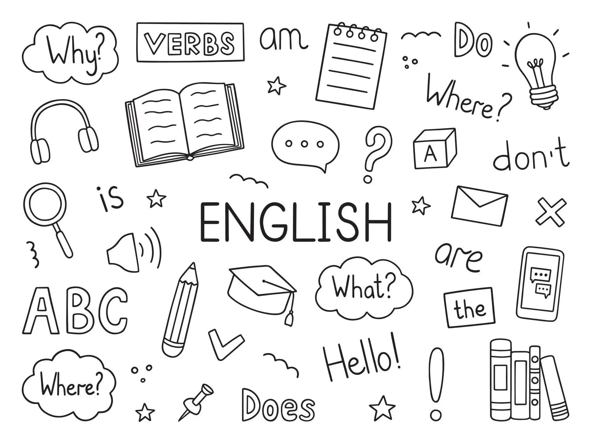 learning-english-doodle-set-language-school-in-sketch-style-online-language-education-course-hand-drawn-illustration-isolated-on-white-background-vector
