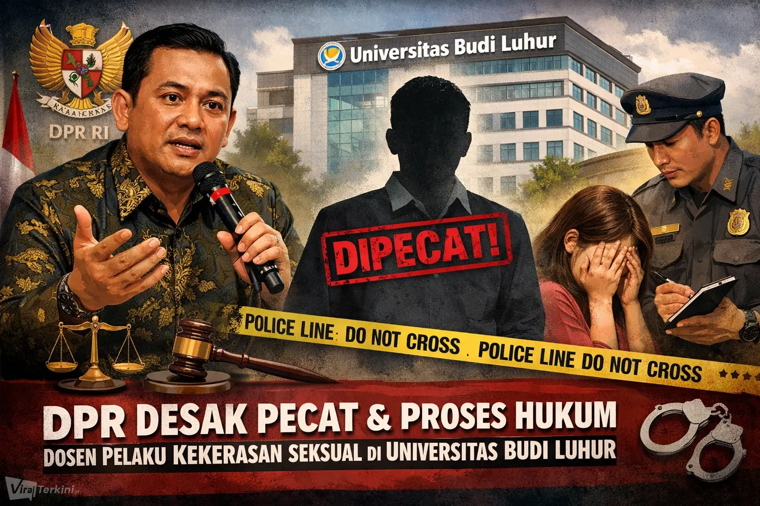 PR Desak Pemecatan dan Proses Hukum Dosen Terduga Pelaku Kekerasan Seksual di Universitas Budi Luhur. Ilustrator Viralterkini