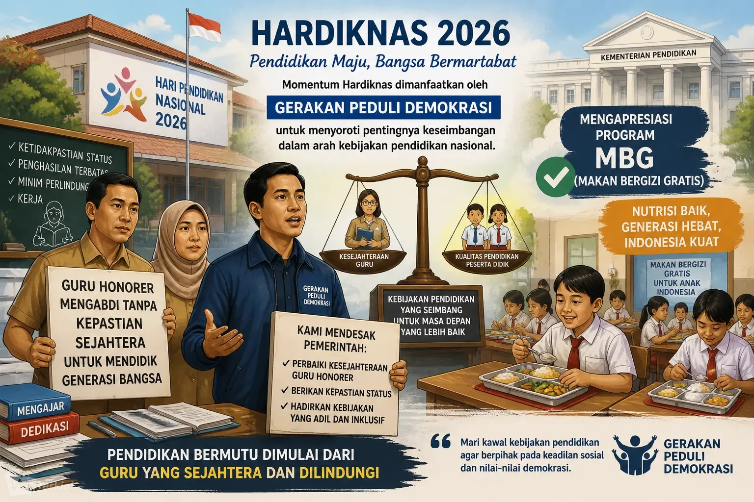 Ilutstrasi Gerakan Peduli Demokrasi untuk menyoroti pentingnya keseimbangan dalam arah kebijakan pendidikan nasional. Ilustrator Viralterkini.id