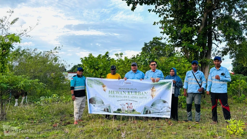 Manajemen PT Anugrah Sukses Mining (ASM) menyerahkan bantuan sapi qurban secara simbolis kepada perwakilan masyarakat Desa Umera di Kecamatan Pulau Gebe, Kabupaten Halmahera Tengah. (dok. PT ASM)