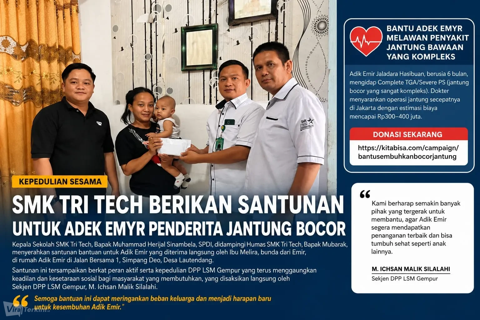 SMK Tritech Salurkan Santunan untuk Adek Emyr Penderita Jantung Bocor