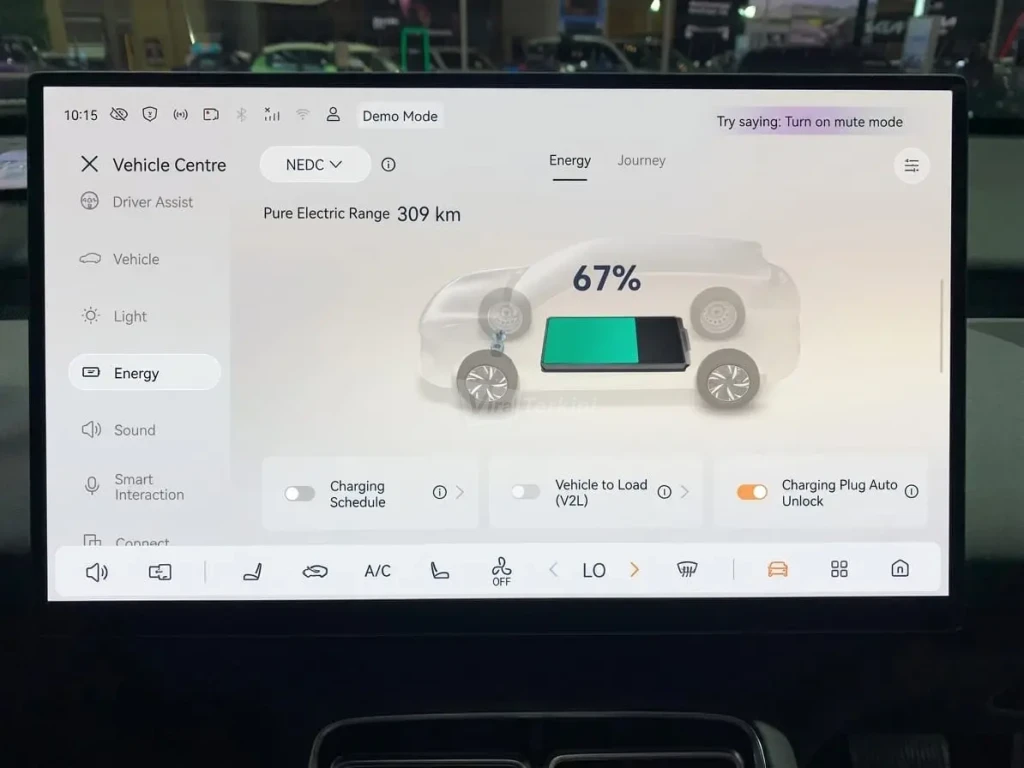 Informasi mengenai sisa baterai dan pengaturan V2L di Head unit Changan Nevo Q05 